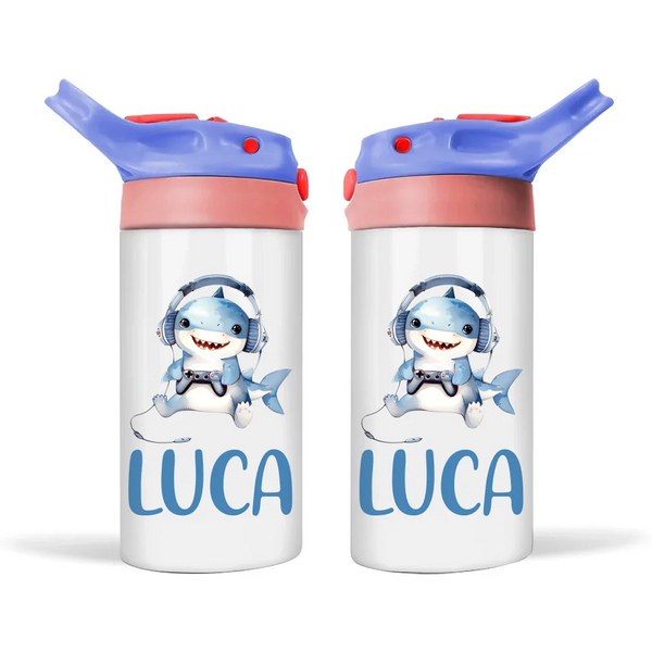 Personalised Kids Sippy Bottle - Cute Gamer Shark Design with Custom Name