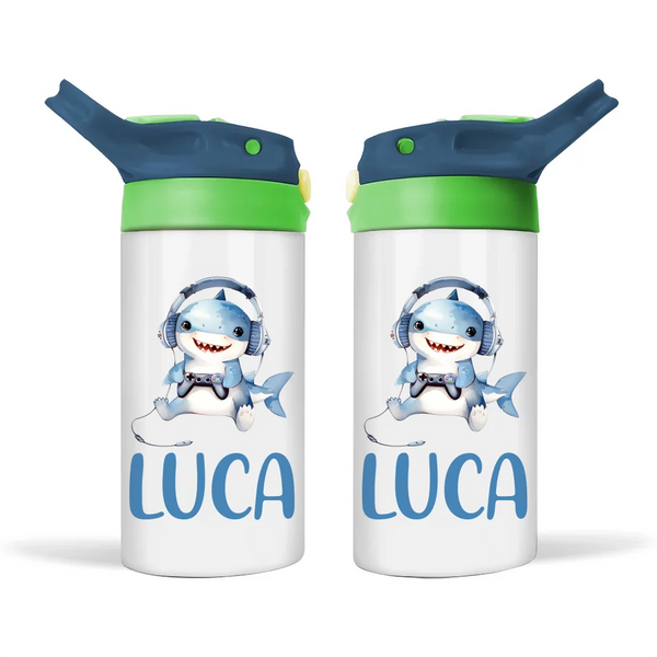 Personalised Kids Sippy Bottle - Cute Gamer Shark Design with Custom Name