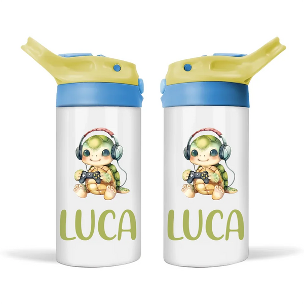 Personalised Kids Sippy Bottle - Cute Gamer Turtle Design with Custom Name