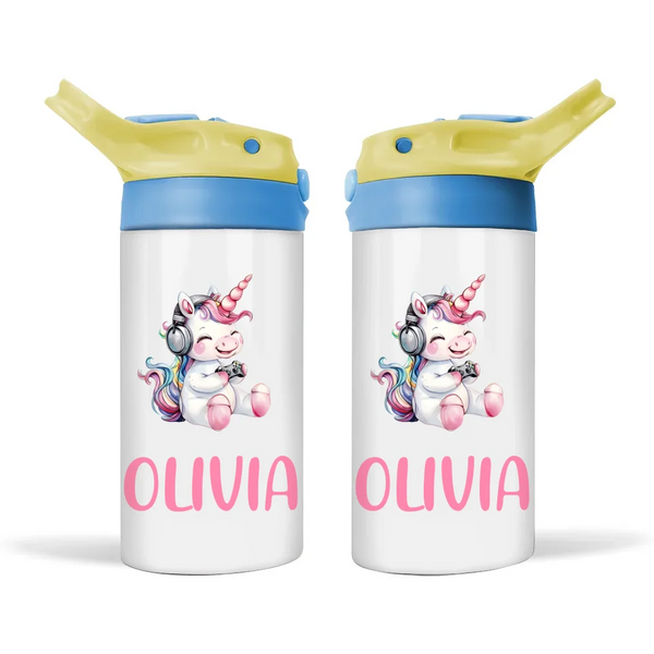 Personalised Kids Sippy Bottle - Cute Gamer Unicorn Design with Custom Name