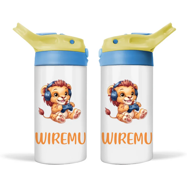 Personalised Kids Sippy Bottle - Cool Gamer Lion Design with Custom Name