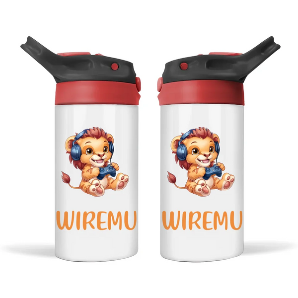 Personalised Kids Sippy Bottle - Cool Gamer Lion Design with Custom Name