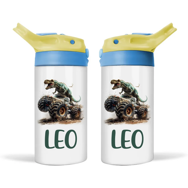 Personalised Kids Sippy Bottle - Fierce Dinosaur Monster Truck Design with Custom Name