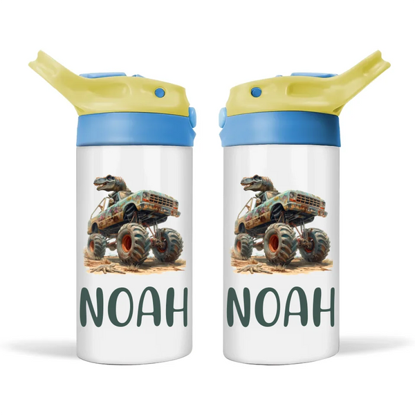 Personalised Kids Sippy Bottle - Rugged Dinosaur Monster Truck Design with Custom Name