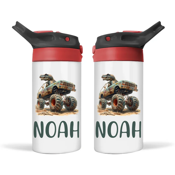 Personalised Kids Sippy Bottle - Rugged Dinosaur Monster Truck Design with Custom Name