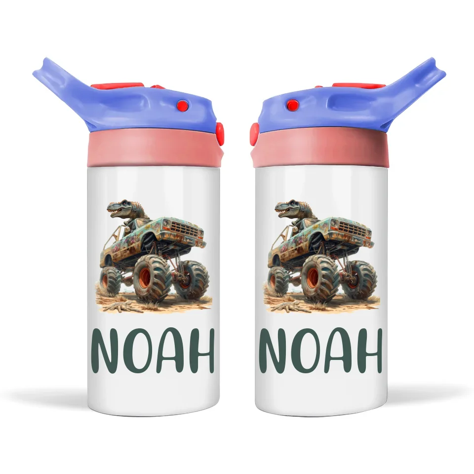 Personalised Kids Sippy Bottle - Rugged Dinosaur Monster Truck Design with Custom Name