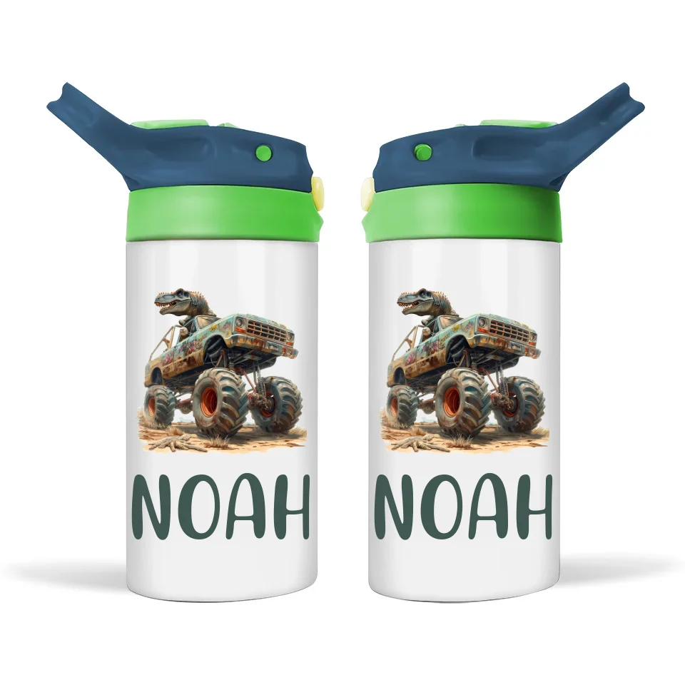 Personalised Kids Sippy Bottle - Rugged Dinosaur Monster Truck Design with Custom Name