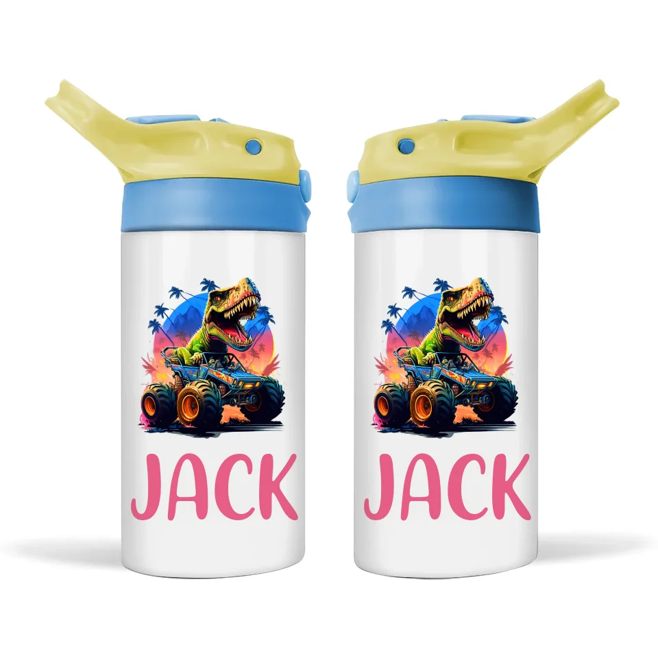 Personalised Kids Sippy Bottle - Dinosaur Off-Road Racer Design with Custom Name