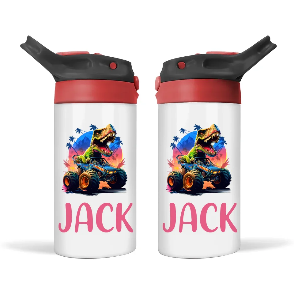 Personalised Kids Sippy Bottle - Dinosaur Off-Road Racer Design with Custom Name