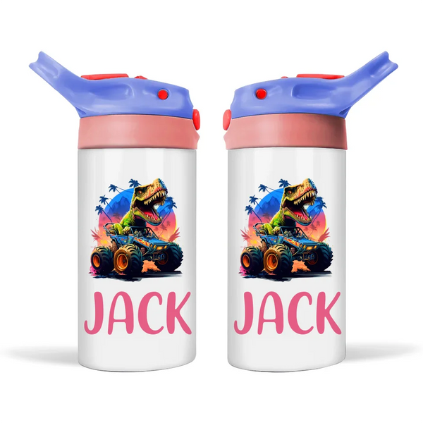 Personalised Kids Sippy Bottle - Dinosaur Off-Road Racer Design with Custom Name