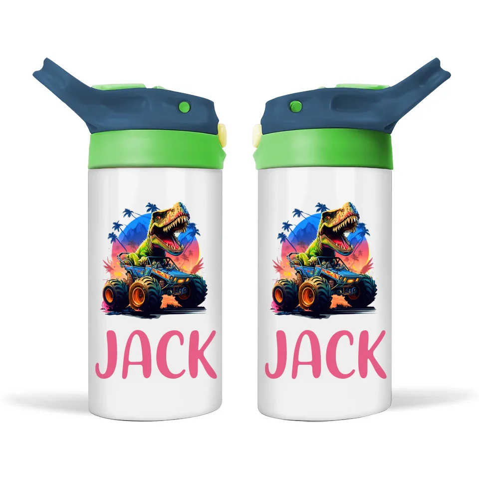 Personalised Kids Sippy Bottle - Dinosaur Off-Road Racer Design with Custom Name