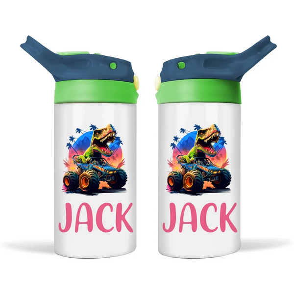 Personalised Kids Sippy Bottle - Dinosaur Off-Road Racer Design with Custom Name