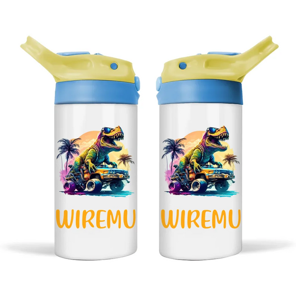 Personalised Kids Sippy Bottle - Cool Dinosaur Off-Road Adventure Design with Custom Name