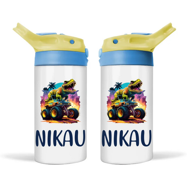 Personalised Kids Sippy Bottle - Dinosaur Monster Truck Design with Custom Name