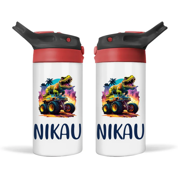 Personalised Kids Sippy Bottle - Dinosaur Monster Truck Design with Custom Name