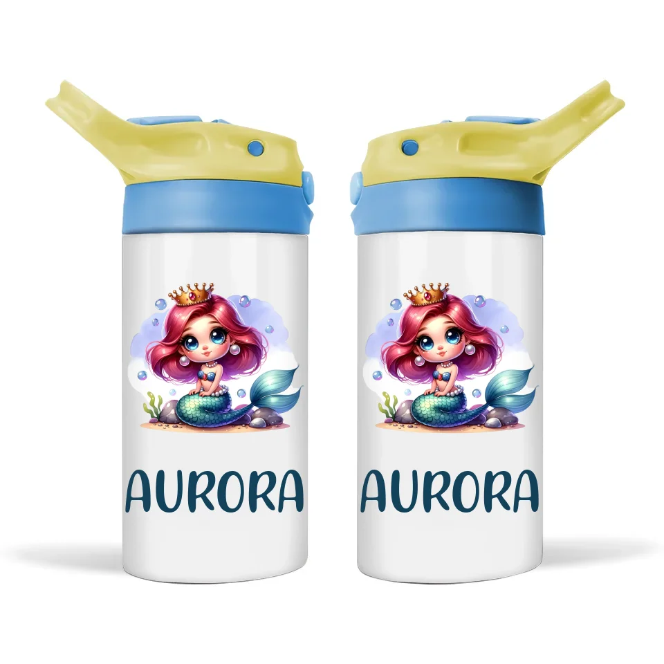 Personalised Kids Sippy Bottle - Mermaid Princess Design with Custom Name