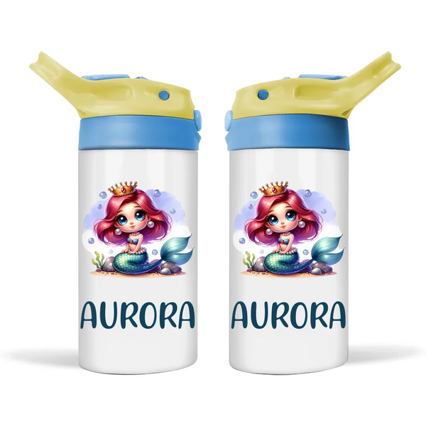 Personalised Kids Sippy Bottle - Mermaid Princess Design with Custom Name