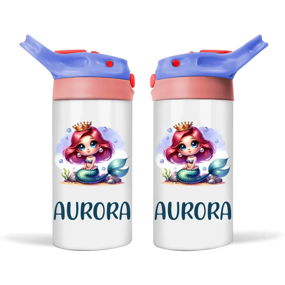 Personalised Kids Sippy Bottle - Mermaid Princess Design with Custom Name