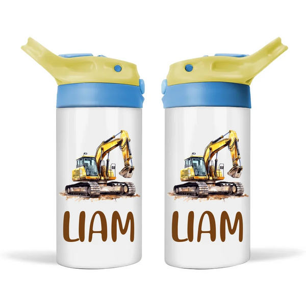 Personalised Kids Sippy Bottle - Digger Excavator Design with Custom Name