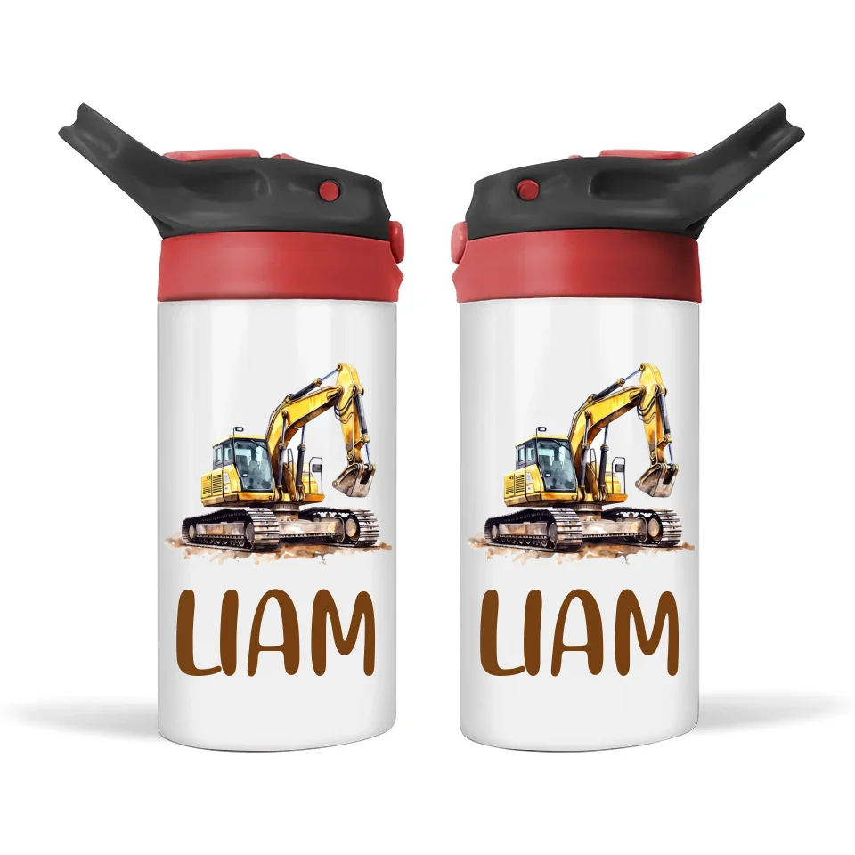 Personalised Kids Sippy Bottle - Digger Excavator Design with Custom Name