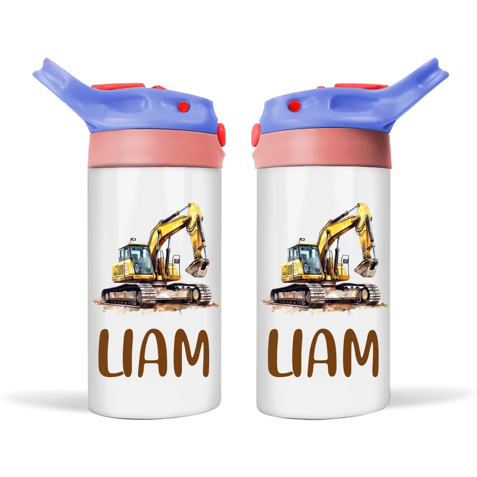 Personalised Kids Sippy Bottle - Digger Excavator Design with Custom Name