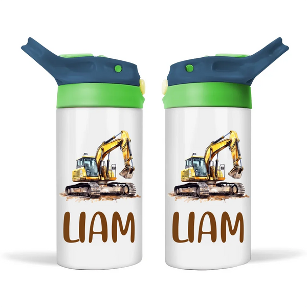 Personalised Kids Sippy Bottle - Digger Excavator Design with Custom Name