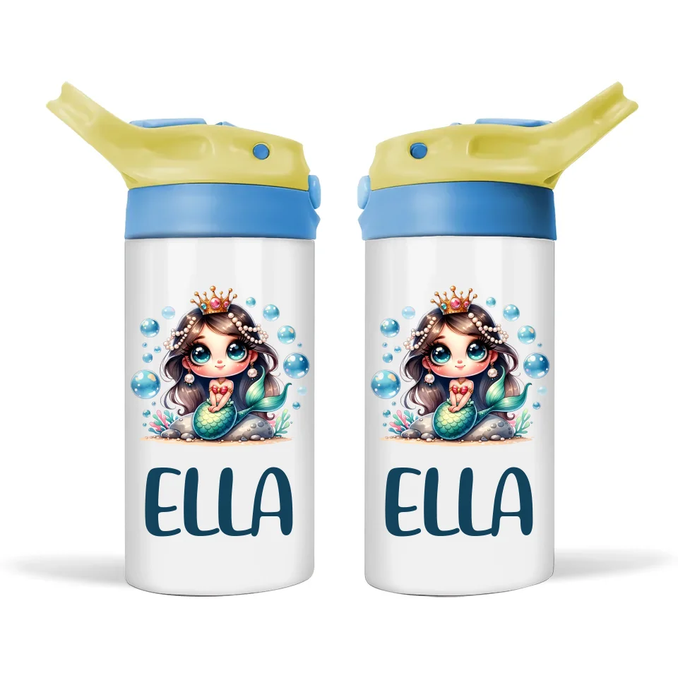 Personalised Kids Sippy Bottle - Mermaid Princess Design with Custom Name