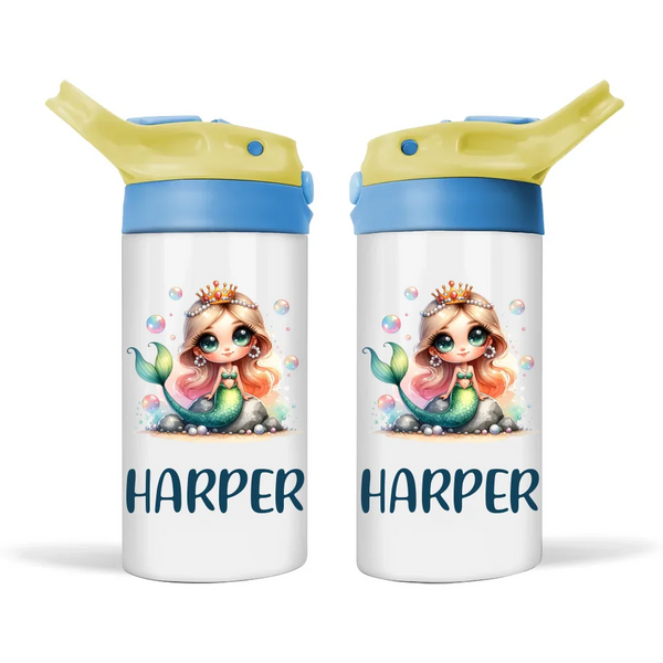 Personalised Mermaid Sippy Bottle – Custom Name Kids Drink Bottle – 350ml Double-Walled Stainless Steel