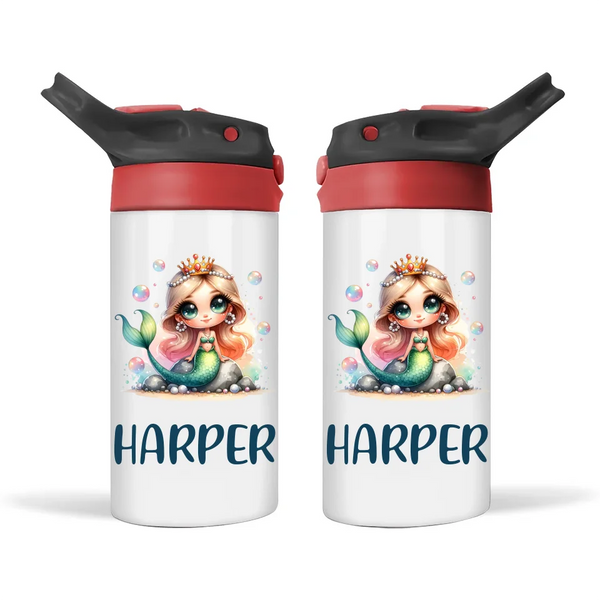 Personalised Mermaid Sippy Bottle – Custom Name Kids Drink Bottle – 350ml Double-Walled Stainless Steel