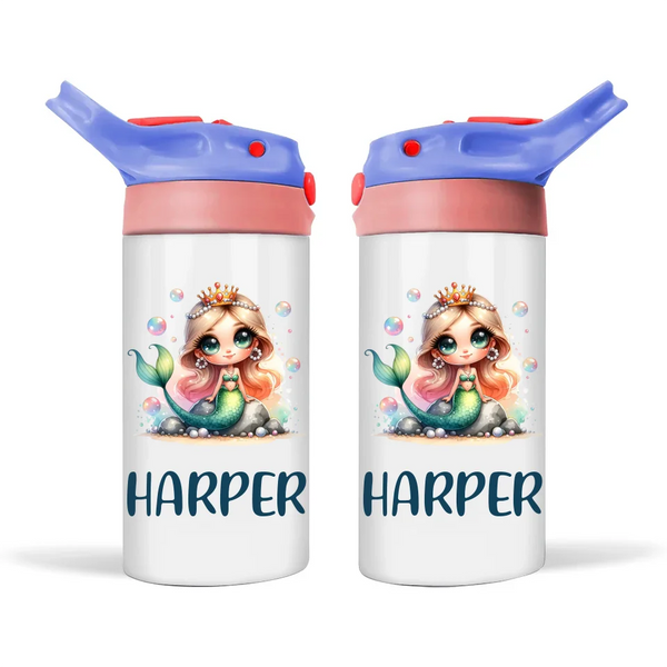 Personalised Mermaid Sippy Bottle – Custom Name Kids Drink Bottle – 350ml Double-Walled Stainless Steel