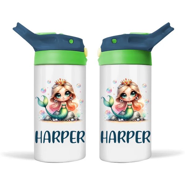 Personalised Mermaid Sippy Bottle – Custom Name Kids Drink Bottle – 350ml Double-Walled Stainless Steel