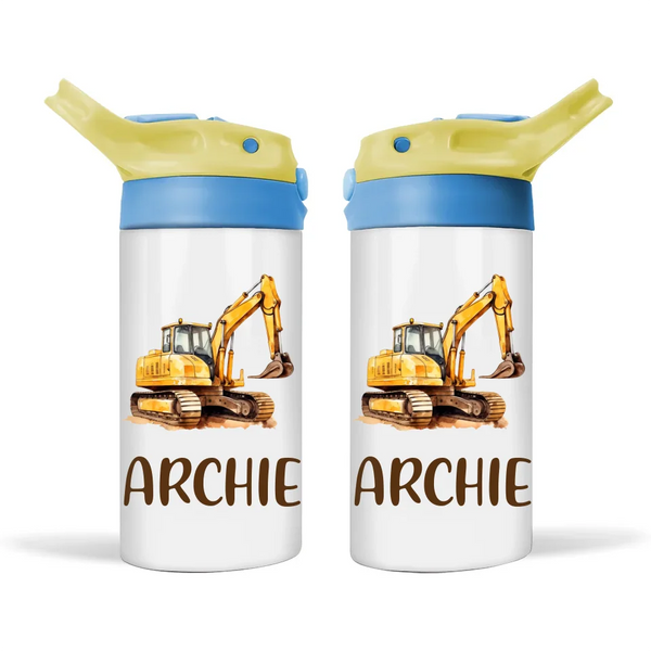 Personalised Digger Sippy Bottle – Custom Name Kids Drink Bottle – 350ml Double-Walled Stainless Steel