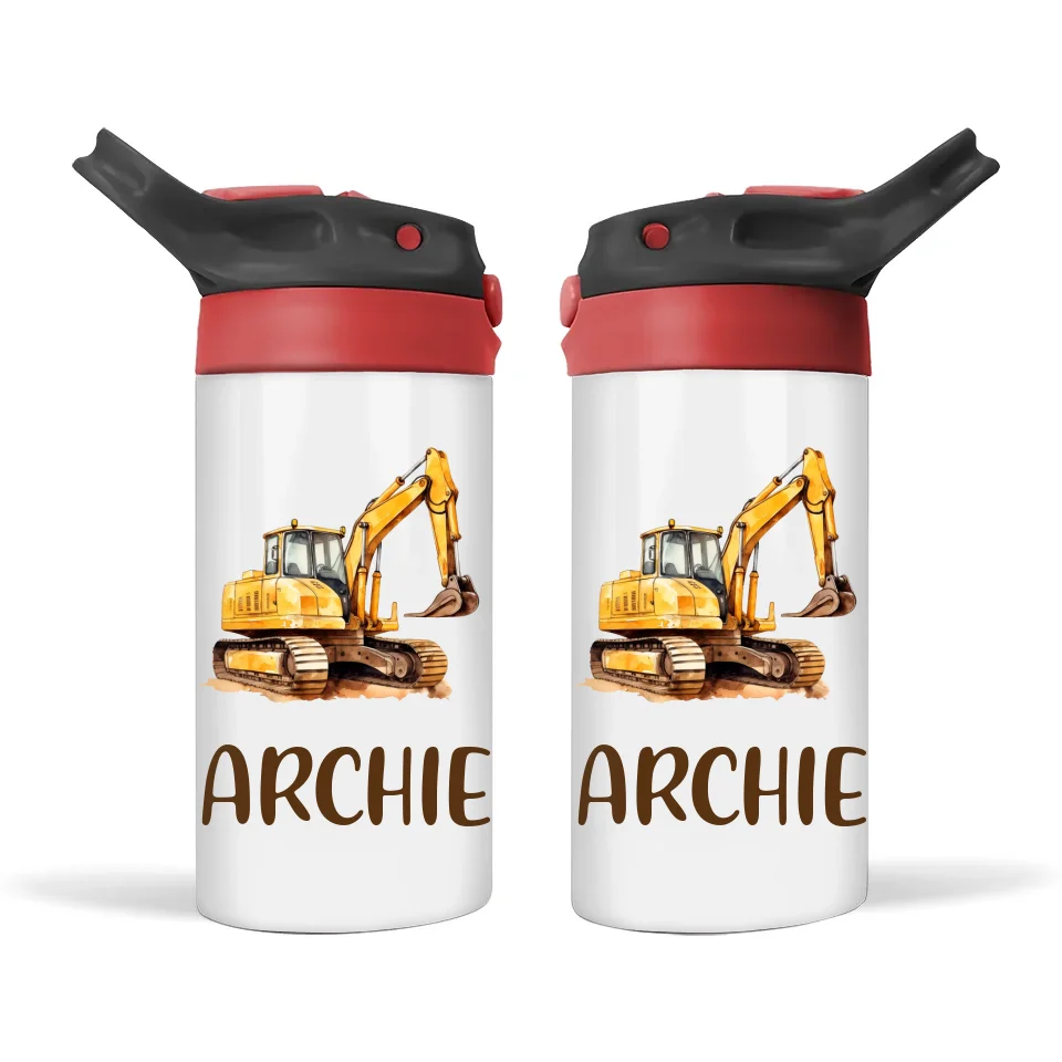 Personalised Digger Sippy Bottle – Custom Name Kids Drink Bottle – 350ml Double-Walled Stainless Steel