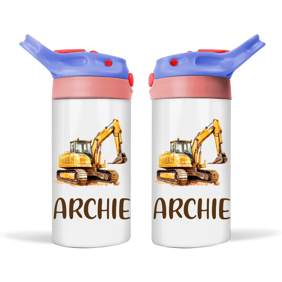 Personalised Digger Sippy Bottle – Custom Name Kids Drink Bottle – 350ml Double-Walled Stainless Steel