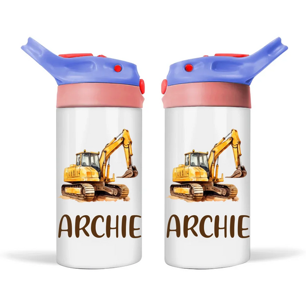 Personalised Digger Sippy Bottle – Custom Name Kids Drink Bottle – 350ml Double-Walled Stainless Steel