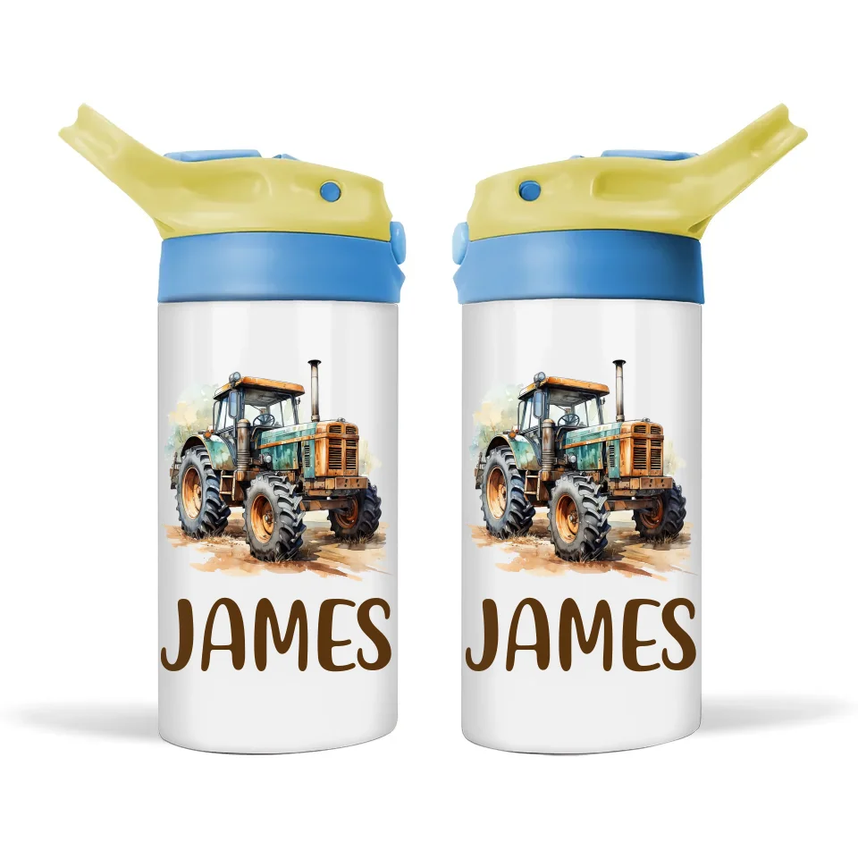 Personalised Tractor Sippy Bottle – Custom Name Kids Drink Bottle – 350ml Double-Walled Stainless Steel