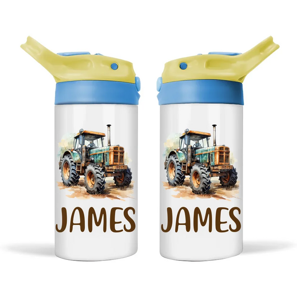 Personalised Tractor Sippy Bottle – Custom Name Kids Drink Bottle – 350ml Double-Walled Stainless Steel