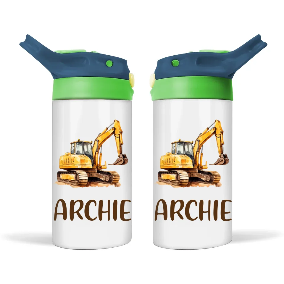 Personalised Digger Sippy Bottle – Custom Name Kids Drink Bottle – 350ml Double-Walled Stainless Steel