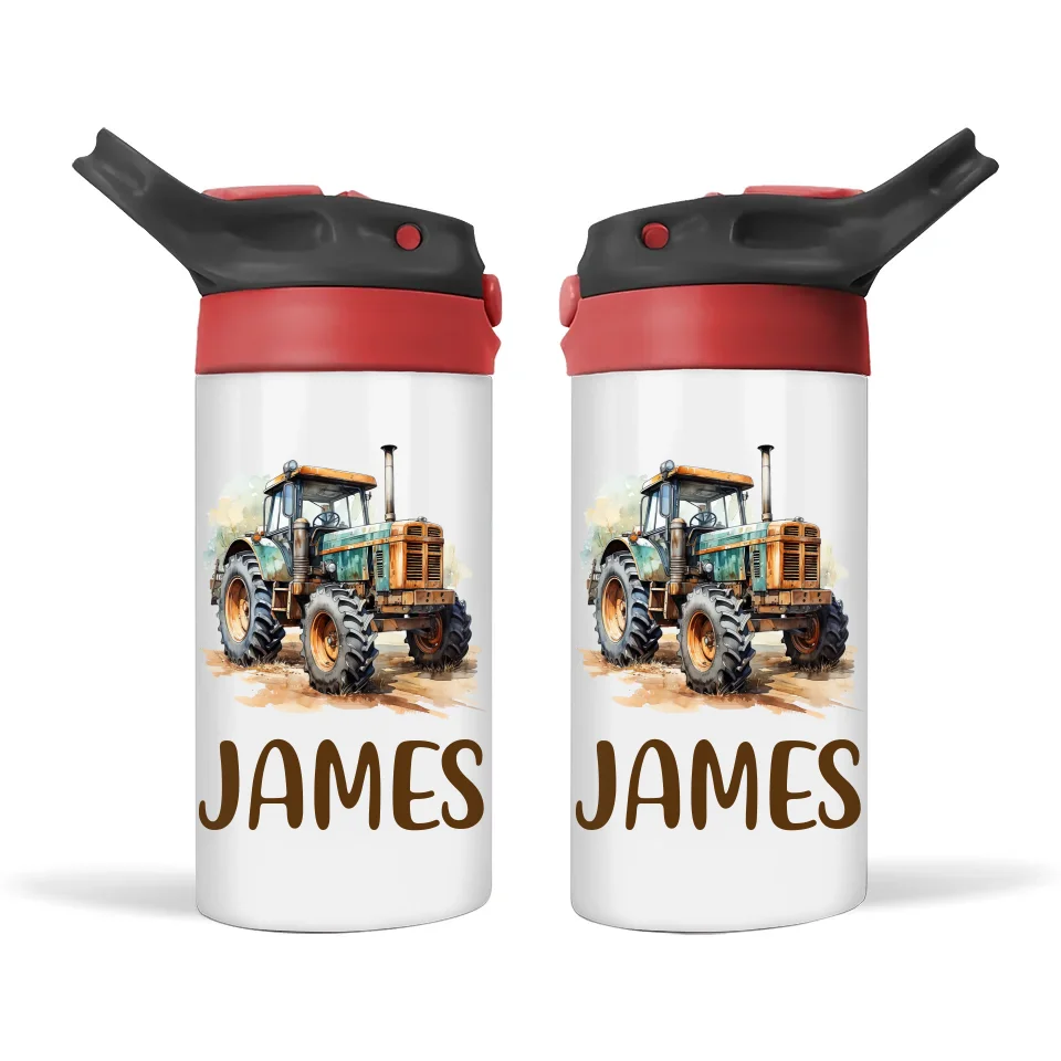 Personalised Tractor Sippy Bottle – Custom Name Kids Drink Bottle – 350ml Double-Walled Stainless Steel