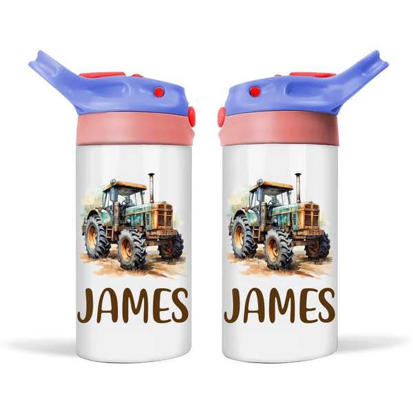 Personalised Tractor Sippy Bottle – Custom Name Kids Drink Bottle – 350ml Double-Walled Stainless Steel