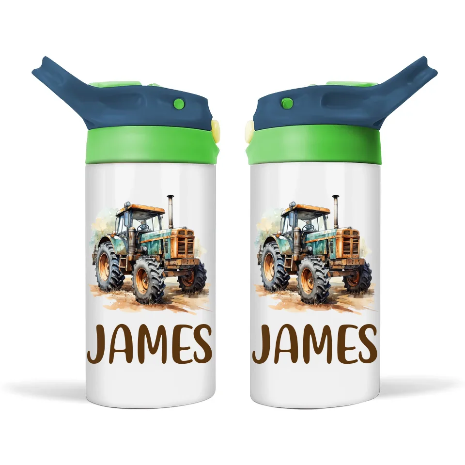 Personalised Tractor Sippy Bottle – Custom Name Kids Drink Bottle – 350ml Double-Walled Stainless Steel