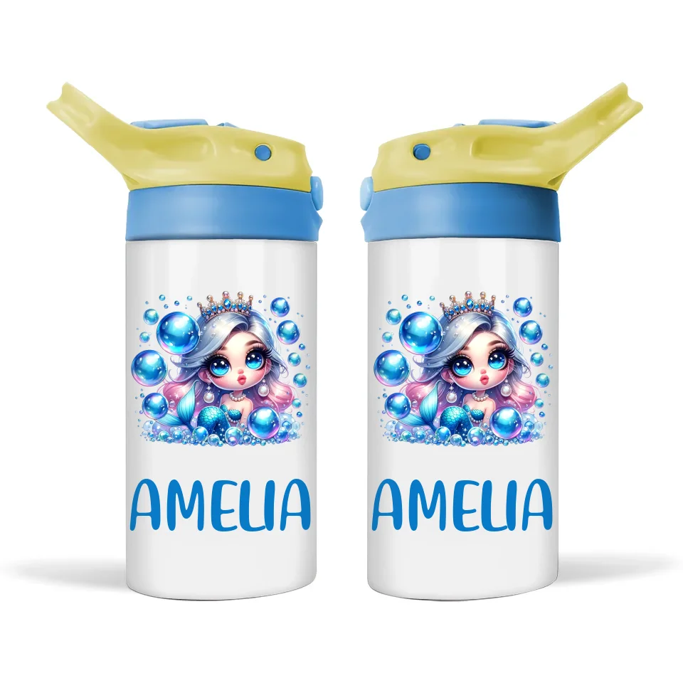 Personalised Mermaid Sippy Bottle – Custom Name Kids Drink Bottle – 350ml Spill-Proof