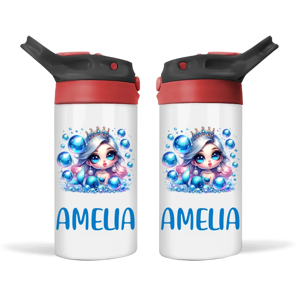 Personalised Mermaid Sippy Bottle – Custom Name Kids Drink Bottle – 350ml Spill-Proof