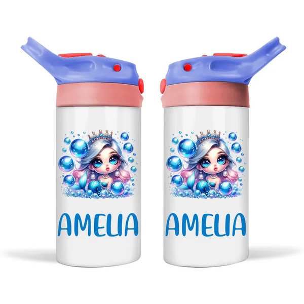 Personalised Mermaid Sippy Bottle – Custom Name Kids Drink Bottle – 350ml Spill-Proof