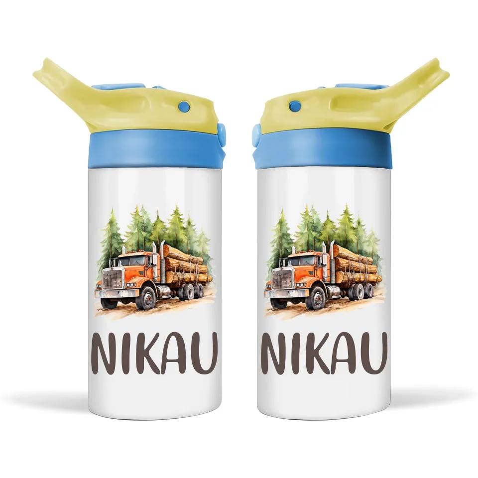 Personalised Logging Truck Sippy Bottle – Custom Name Kids Drink Bottle – 350ml Spill-Proof