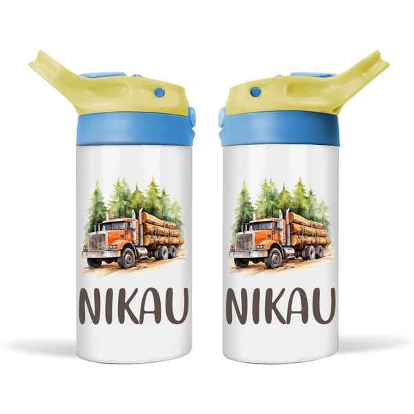 Personalised Logging Truck Sippy Bottle – Custom Name Kids Drink Bottle – 350ml Spill-Proof