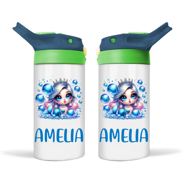 Personalised Mermaid Sippy Bottle – Custom Name Kids Drink Bottle – 350ml Spill-Proof