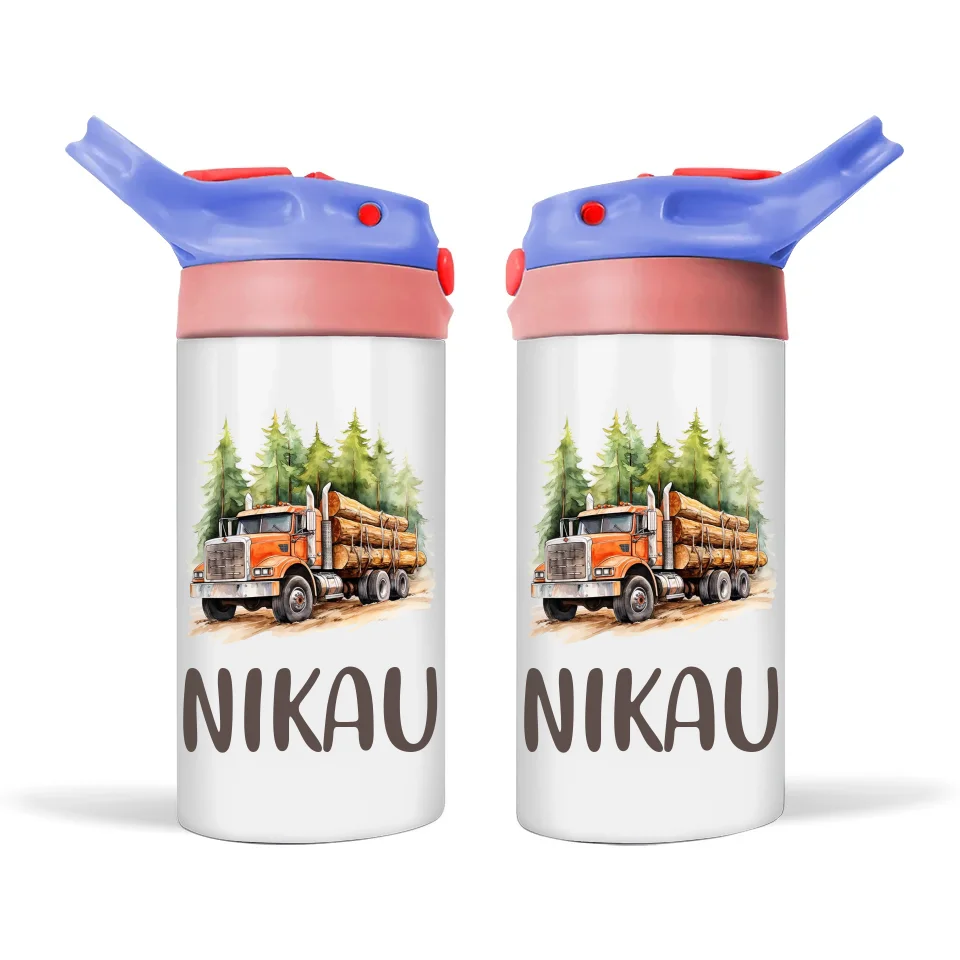 Personalised Logging Truck Sippy Bottle – Custom Name Kids Drink Bottle – 350ml Spill-Proof