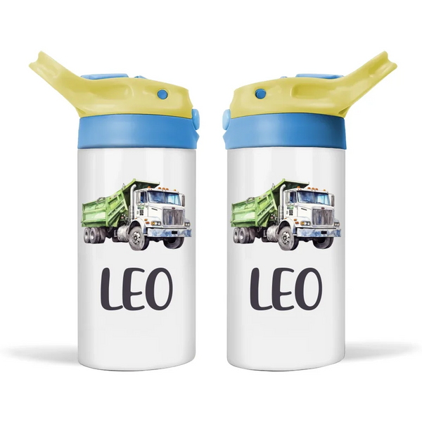 Personalised Dump Truck Sippy Bottle – Custom Name Kids Drink Bottle – 350ml Spill-Proof