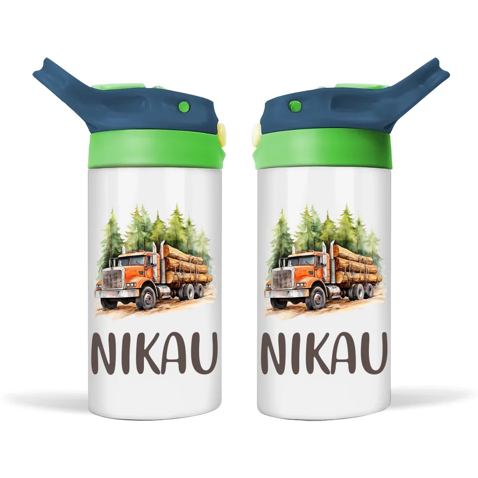 Personalised Logging Truck Sippy Bottle – Custom Name Kids Drink Bottle – 350ml Spill-Proof